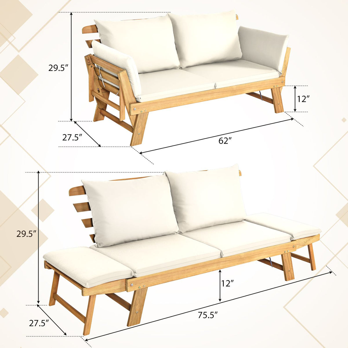 Adjustable Patio Convertible Sofa with Cushion, White Outdoor Benches at Gallery Canada