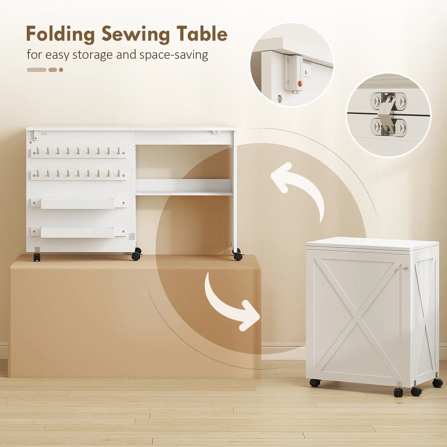 Sewing Machine Table on Wheels, Folding Craft Table with Storage, White Storage Cabinets at Gallery Canada