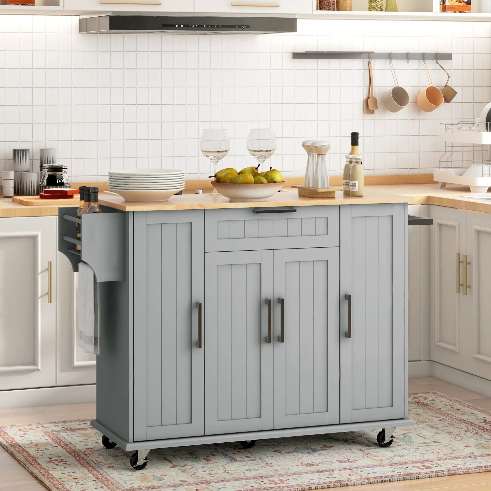 Modern Rolling Kitchen Island Cart, Natural Wood Top, Grey Kitchen Islands & Kitchen Carts at Gallery Canada