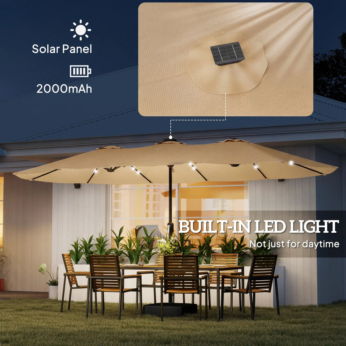 Double Sided Patio Umbrella, 15ft, LED Lights, Base Included, Khaki Double-sided Umbrellas at Gallery Canada