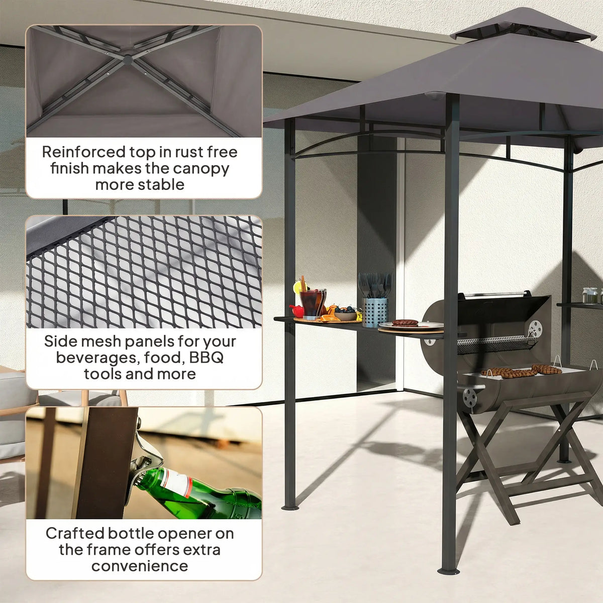 8' x 5' BBQ Grill Gazebo Tent, Double Tiered Canopy, Dark Grey BBQ Grill Gazebos at Gallery Canada