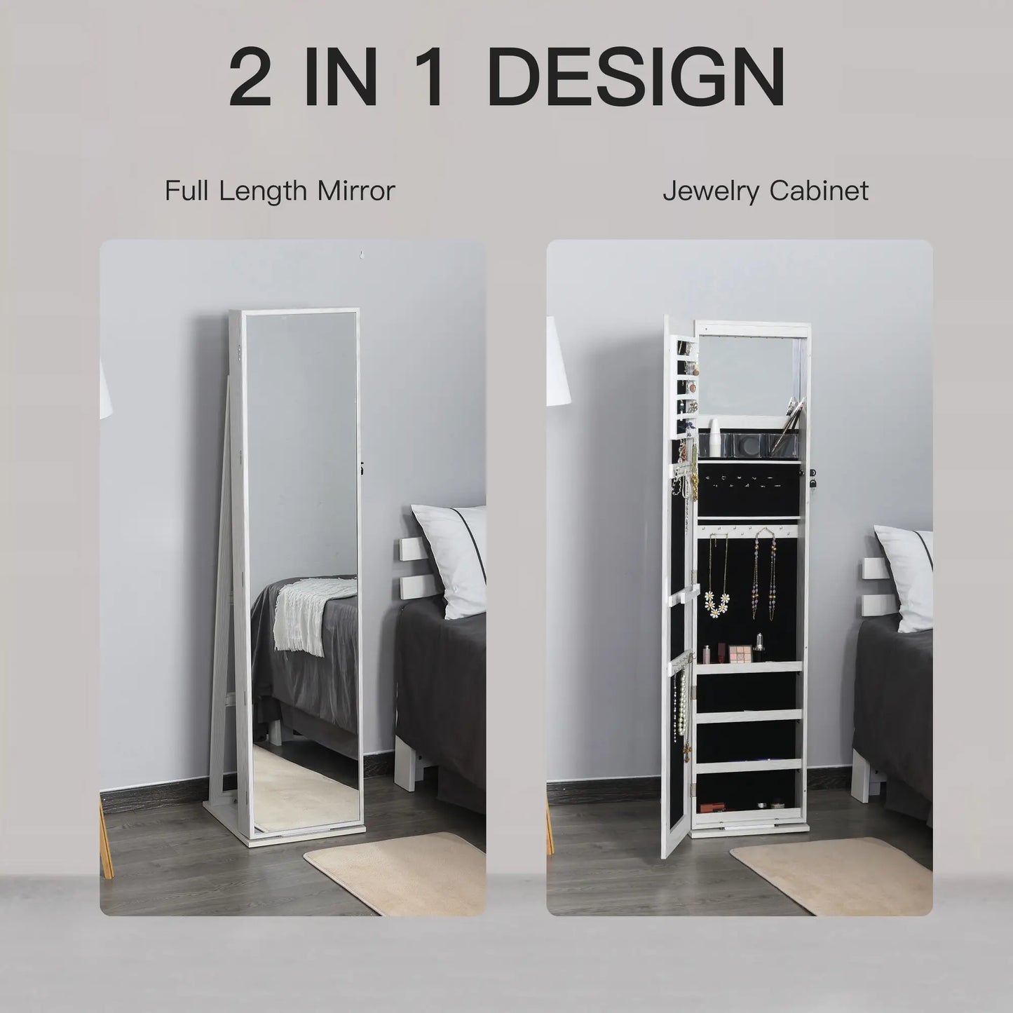 Mirror Jewelry Cabinet, Lockable Organizer with LED Lights, White Wood, White Jewelry Armoire & Jewellery Mirror Cabinets at Gallery Canada