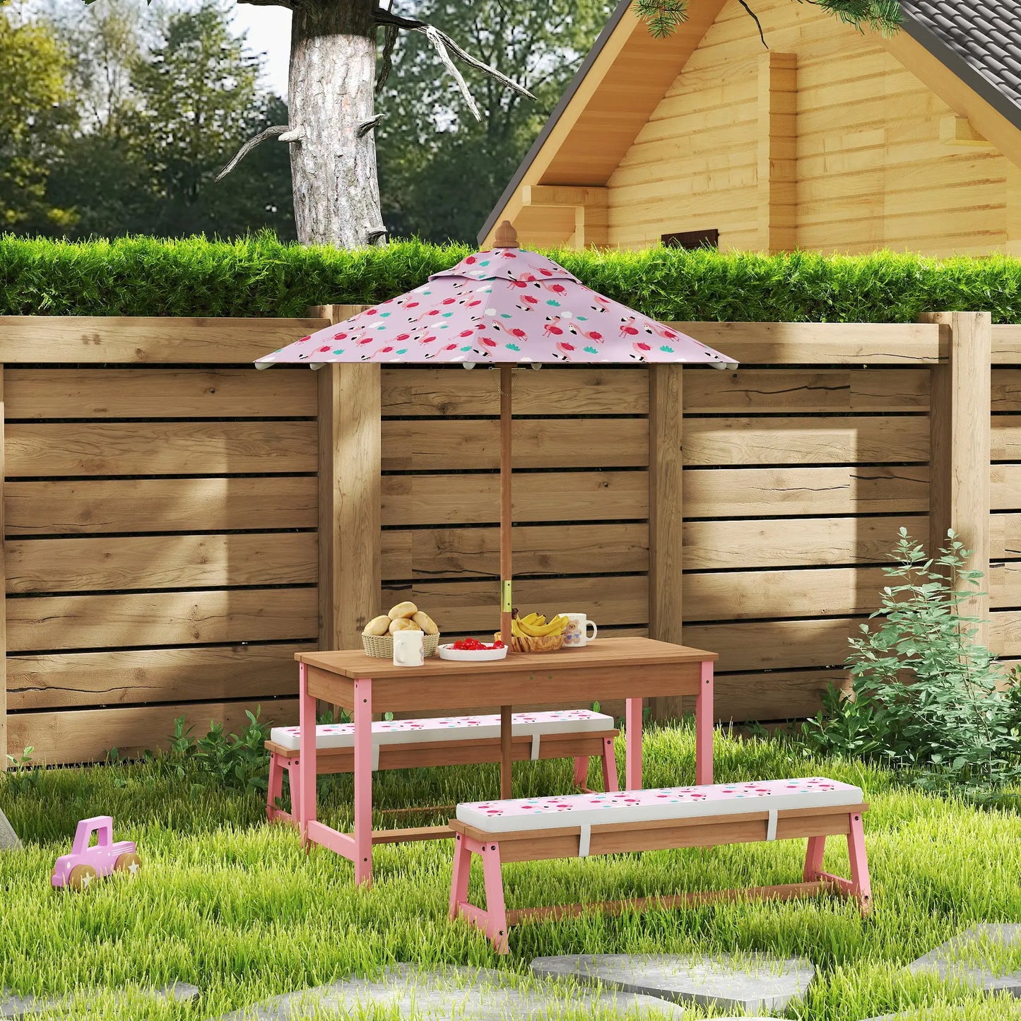 Kids Picnic Table With Bench, Removable Umbrella, Flamingo Theme, Pink Kids Outdoor Furniture at Gallery Canada