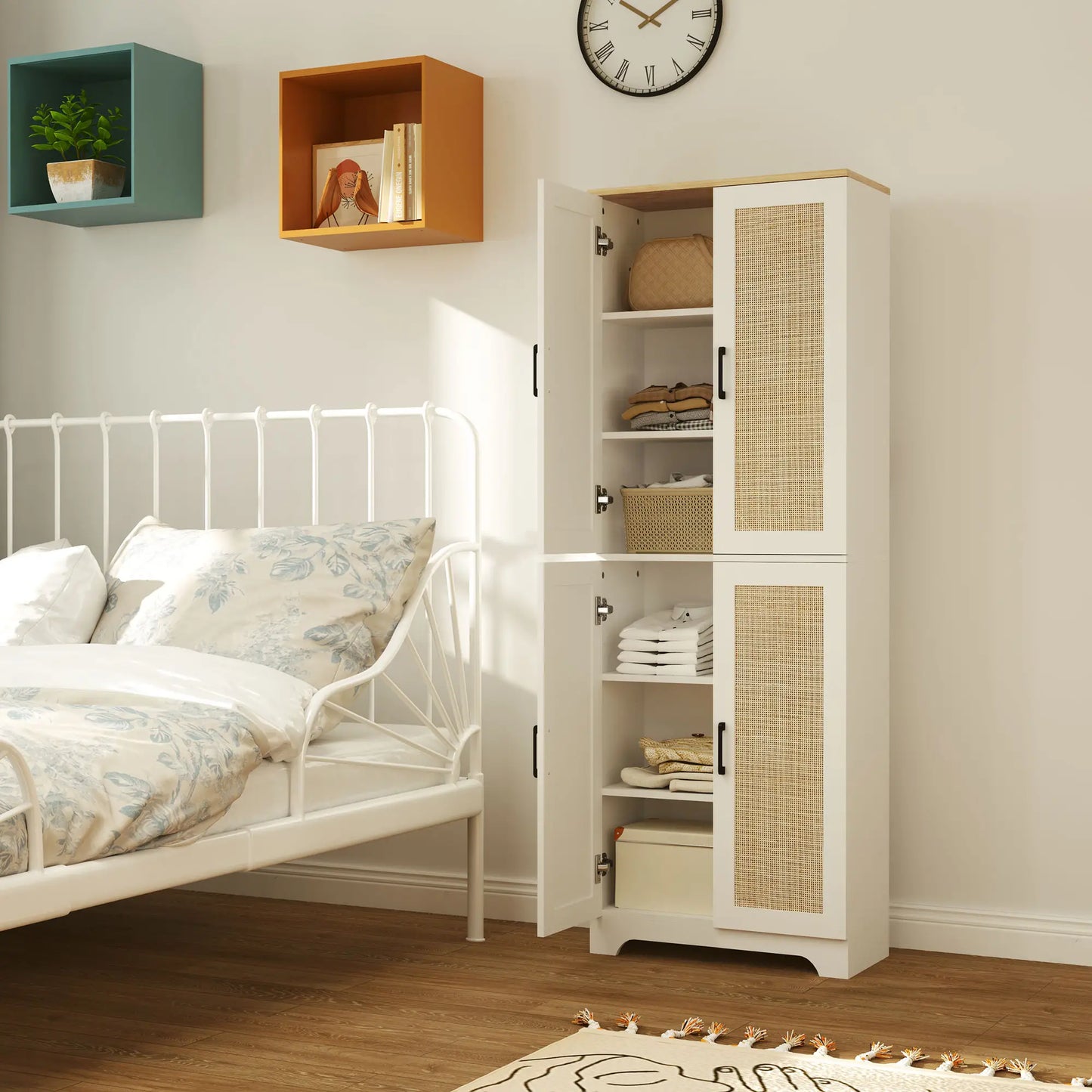 67" Tall Kitchen Pantry, Freestanding Cabinet, 4 Rattan Doors, Adjustable Shelves, White Storage Cabinets at Gallery Canada