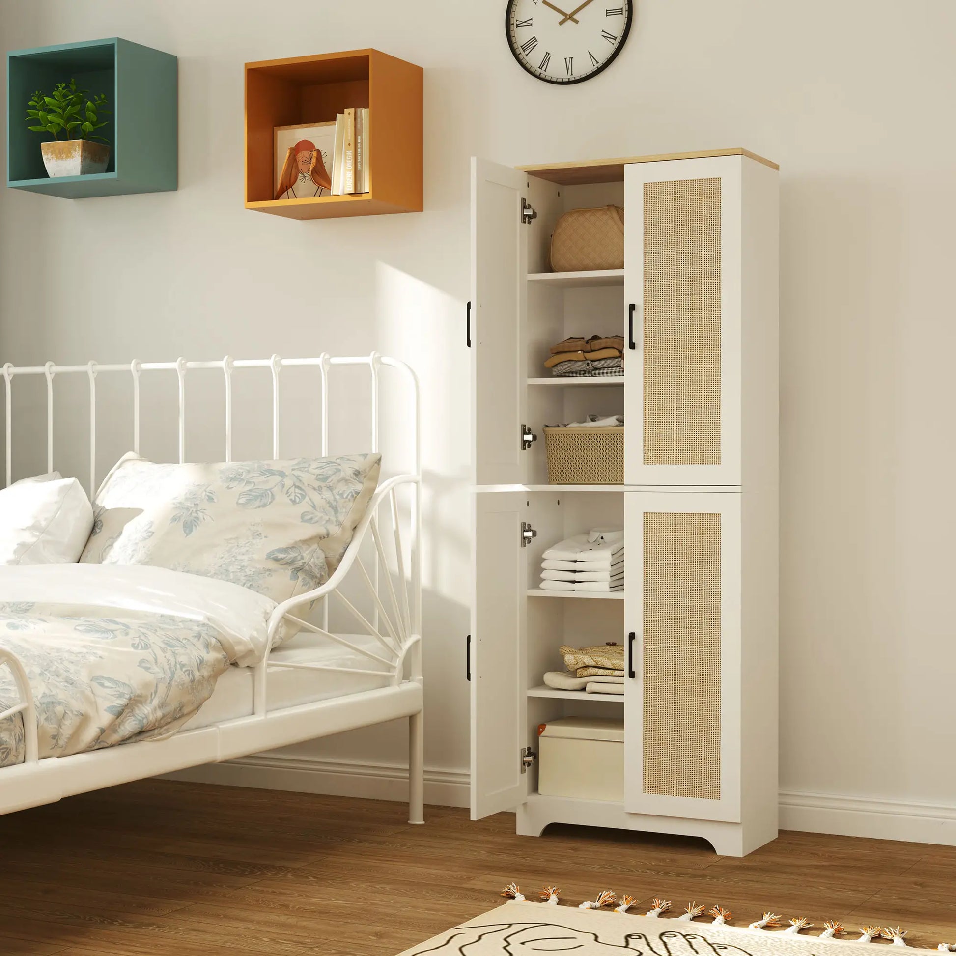 67" Tall Kitchen Pantry, Freestanding Cabinet, 4 Rattan Doors, Adjustable Shelves, White Storage Cabinets at Gallery Canada
