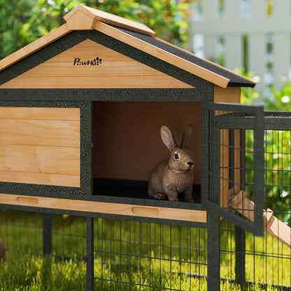 85"L Large Wooden Rabbit Hutch, Outdoor Bunny Cage With Run Box, Yellow Rabbit Hutch at Gallery Canada