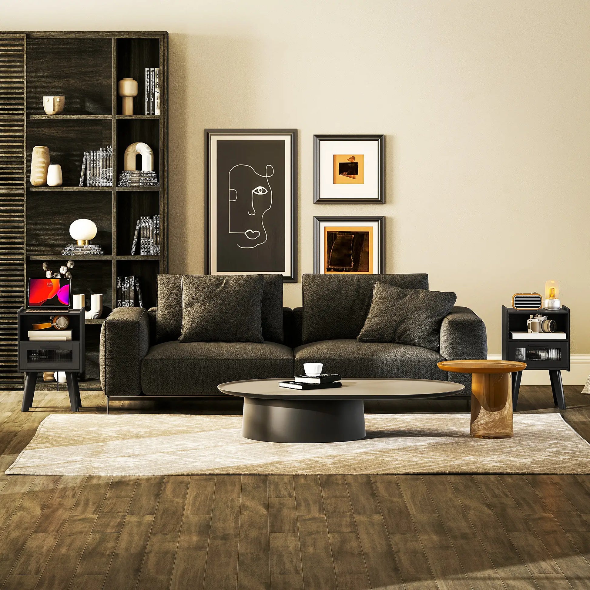 Modern Nightstands Set of 2, Charging Station, Storage, Glass Door, Black Side Tables at Gallery Canada