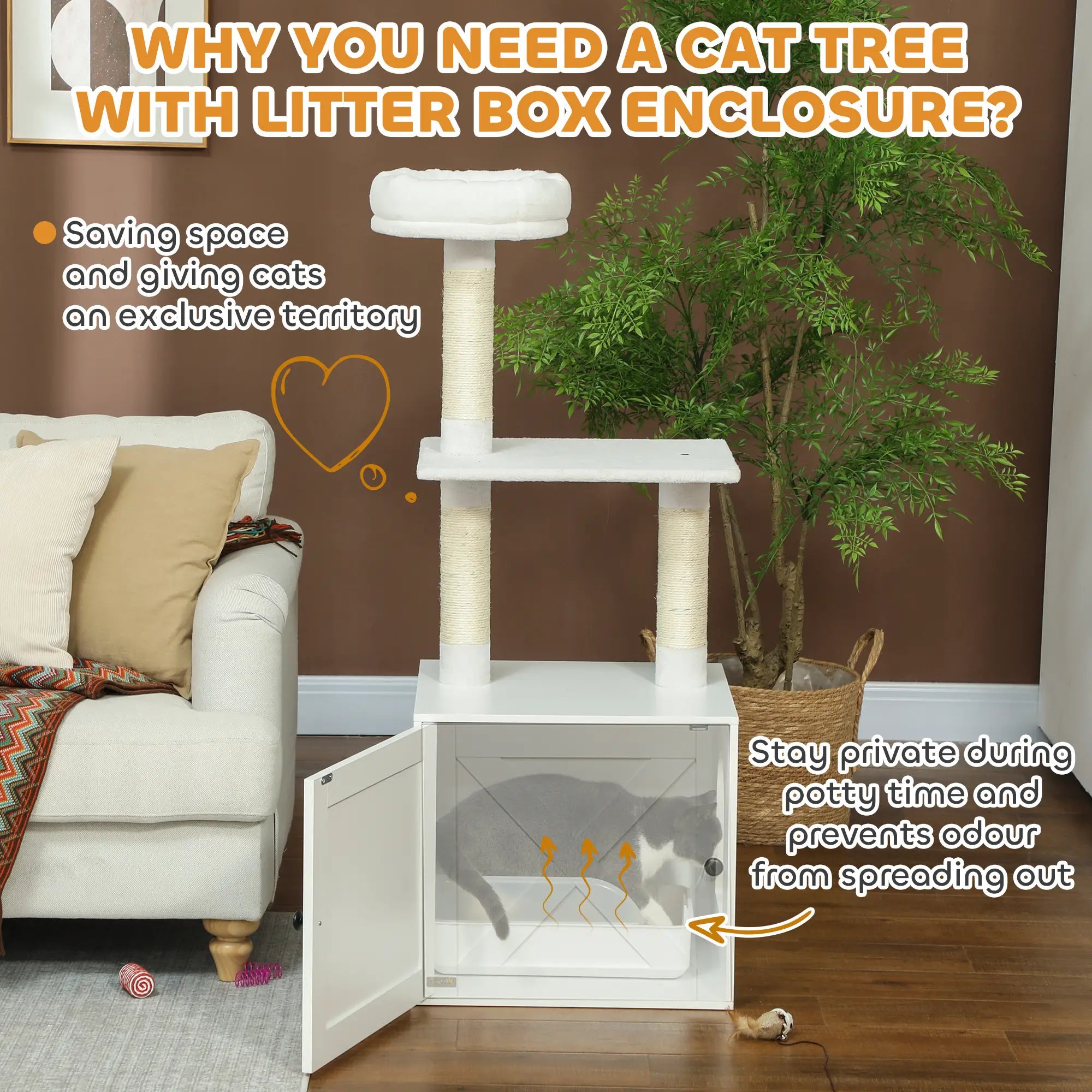 Cat Tree with Litter Box, Scratching Posts, Large Platform, Bed, White Cat Litter Box Enclosures at Gallery Canada