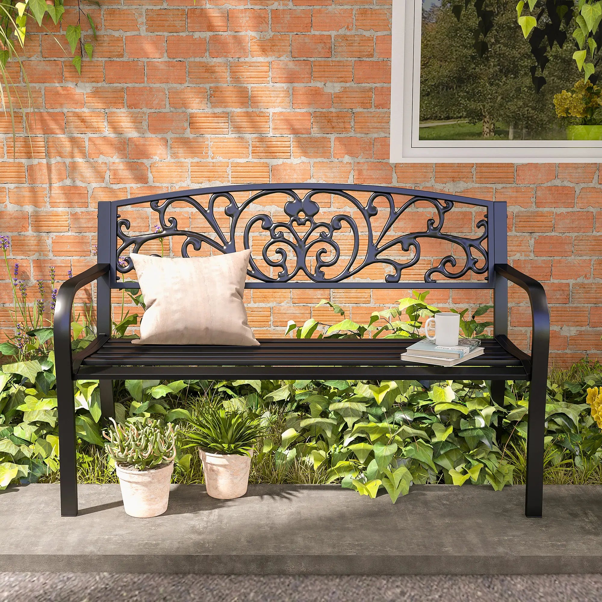 50 2-Seater Garden Bench, Outdoor Blossoming Pattern, Black Outdoor Benches at Gallery Canada