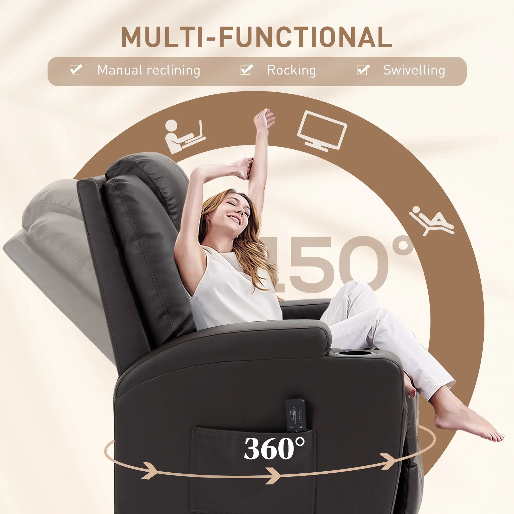 Massage Recliner Chair, Swivel Rocker, 8 Vibration Points, PU Leather, Brown Single Sofas at Gallery Canada