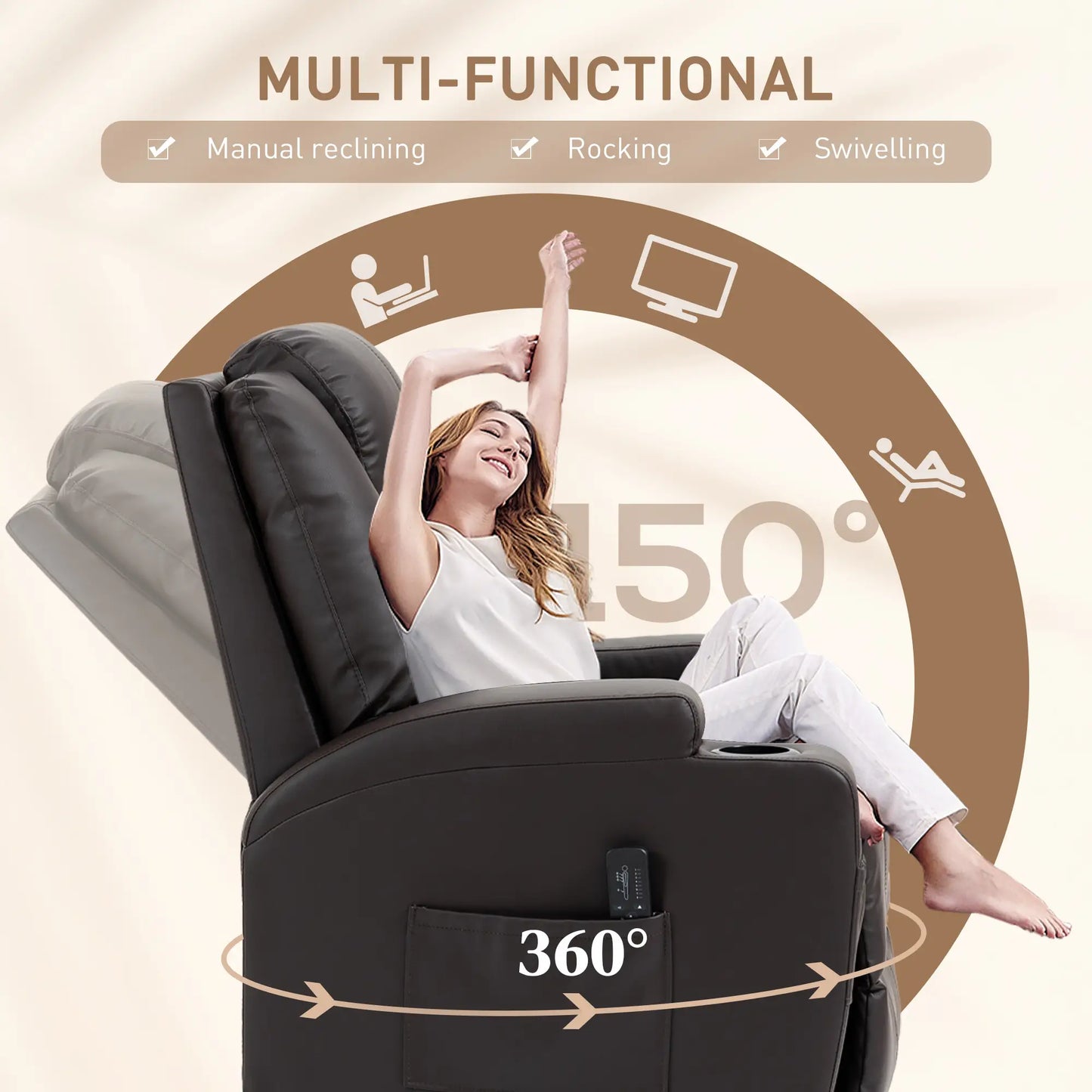 Massage Recliner Chair, Swivel Rocker, 8 Vibration Points, PU Leather, Brown Single Sofas at Gallery Canada