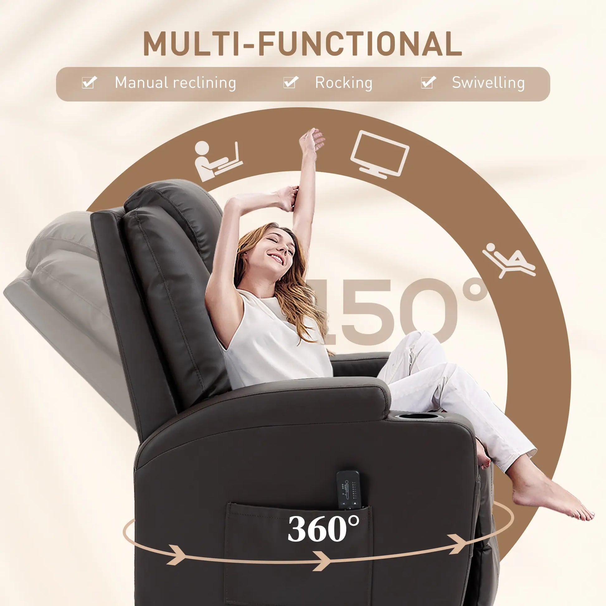 Massage Recliner Chair, Swivel Rocker, 8 Vibration Points, PU Leather, Brown Single Sofas at Gallery Canada
