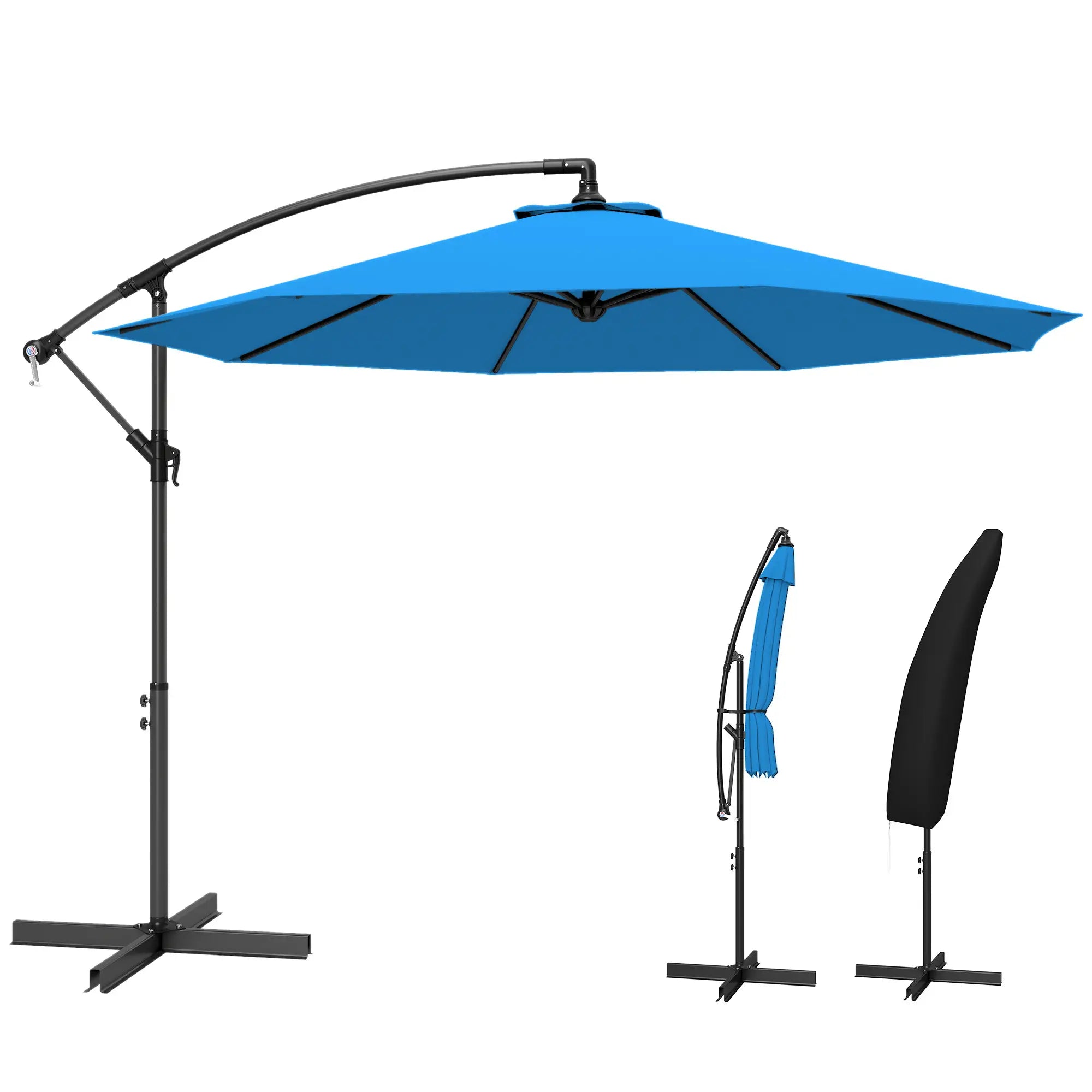 10ft Offset Patio Umbrella, Crank Hanging Parasol, Blue Cantilever Umbrellas at Gallery Canada