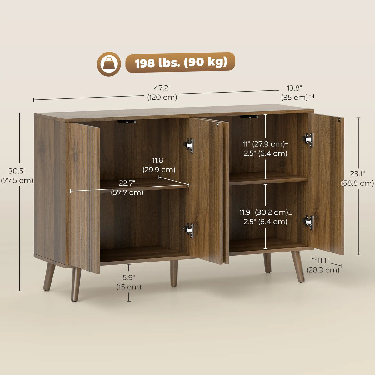Buffet côtelé avec rangement, étagères ajustables, marron foncé
