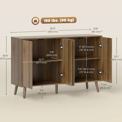 Buffet côtelé avec rangement, étagères ajustables, marron foncé