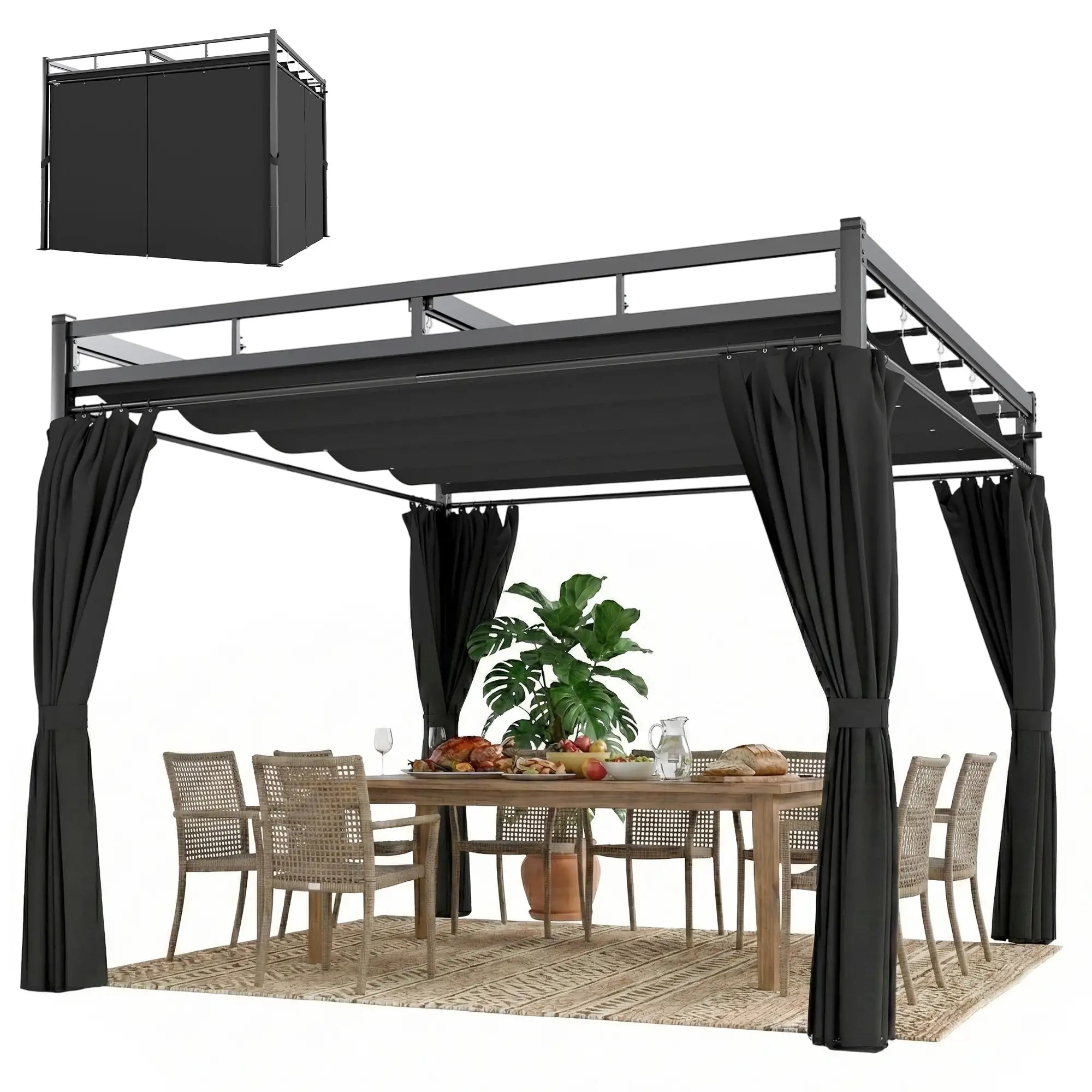 10' x 10' Dark Grey Outdoor Gazebo, Retractable Pergola Canopy With Curtains, Dark Grey Pergolas Black, Dark Grey at Gallery Canada