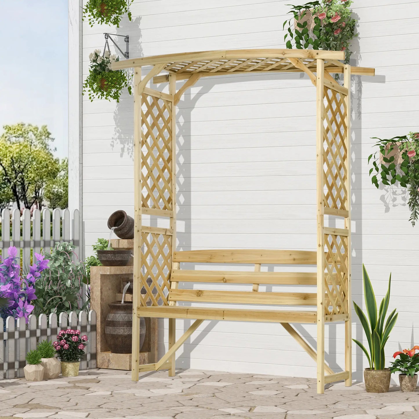 Wooden Garden Arch with Bench, Arbor Trellis for Climbing Plants, Natural Outdoor Benches at Gallery Canada