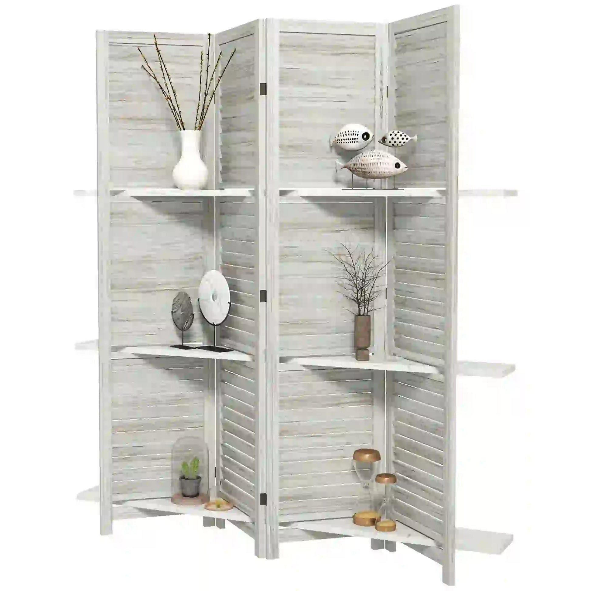 4-Panel Wall Partition, 3 Storage Shelves, Foldable, Wooden Frame, 5.6FT, Distressed White, White Room Dividers Distressed White at Gallery Canada