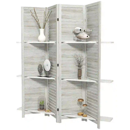 4-Panel Wall Partition, 3 Storage Shelves, Foldable, Wooden Frame, 5.6FT, Distressed White, White Room Dividers Distressed White at Gallery Canada