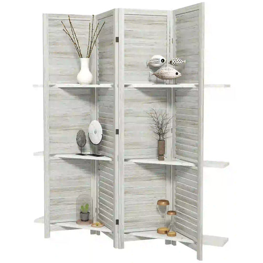 4-Panel Wall Partition, 3 Storage Shelves, Foldable, Wooden Frame, 5.6FT, Distressed White, White Room Dividers Distressed White at Gallery Canada
