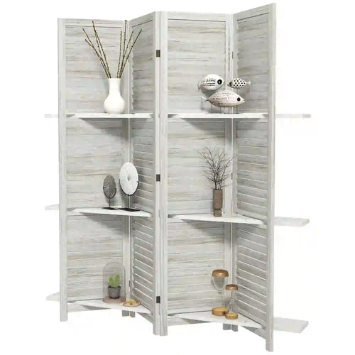 4-Panel Wall Partition, 3 Storage Shelves, Foldable, Wooden Frame, 5.6FT, Distressed White, White