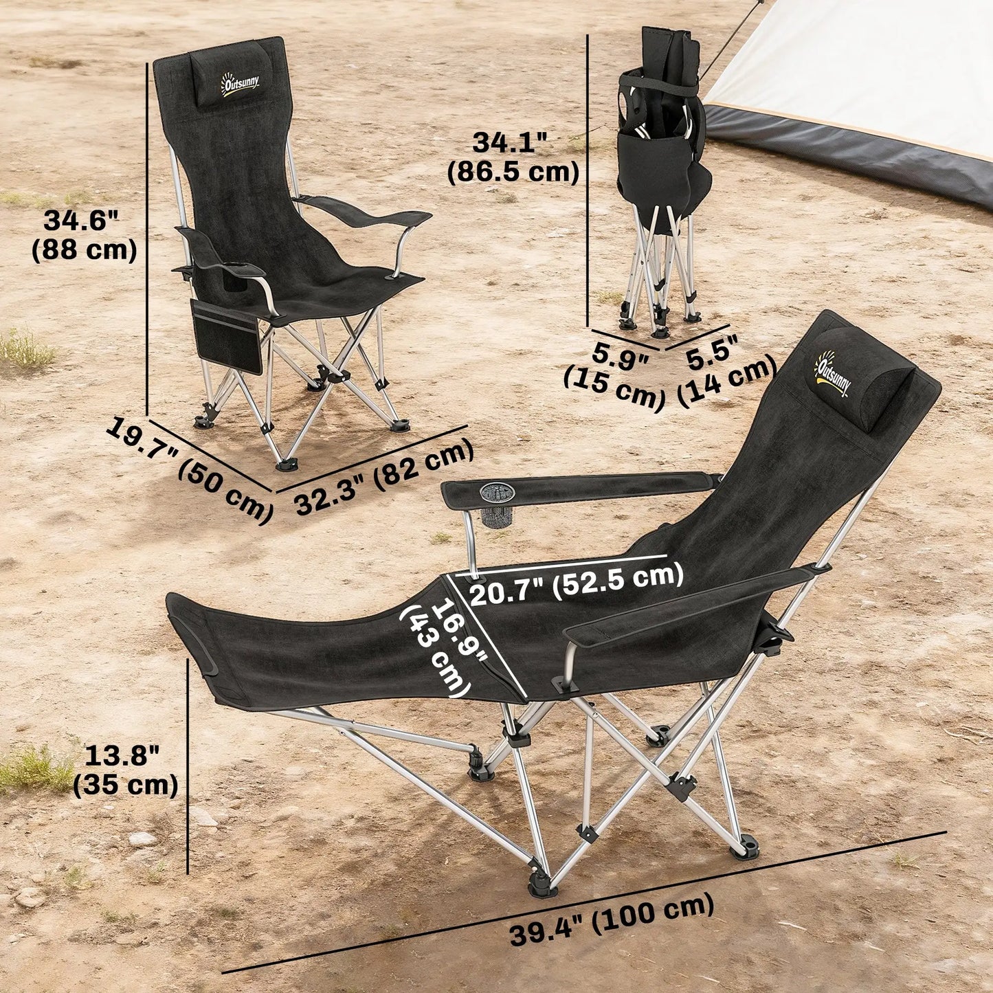 Set of 2 Reclining Camping Chairs with Foot Rest, Headrest, Cup Holder, Storage Bag, Black Picnic Tables & Camping Chairs at Gallery Canada