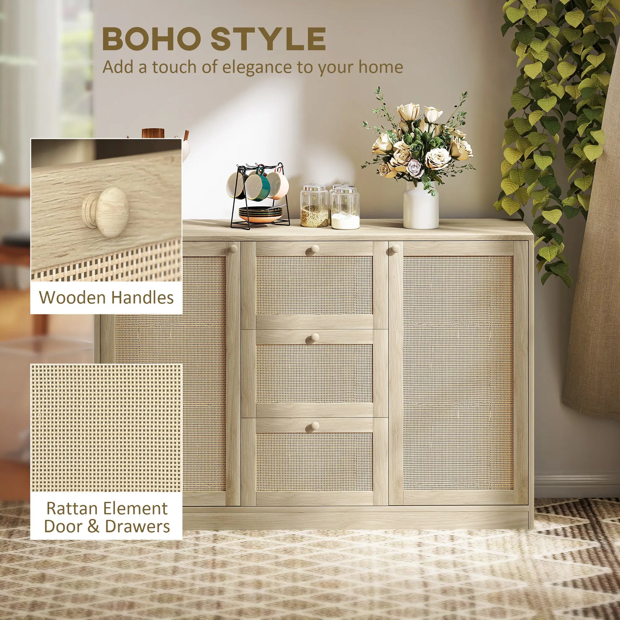 Boho Sideboard Buffet Cabinet, Kitchen Coffee Bar, 3 Drawers, 2 Shelves, 4 Racks, Natural Storage Cabinets at Gallery Canada