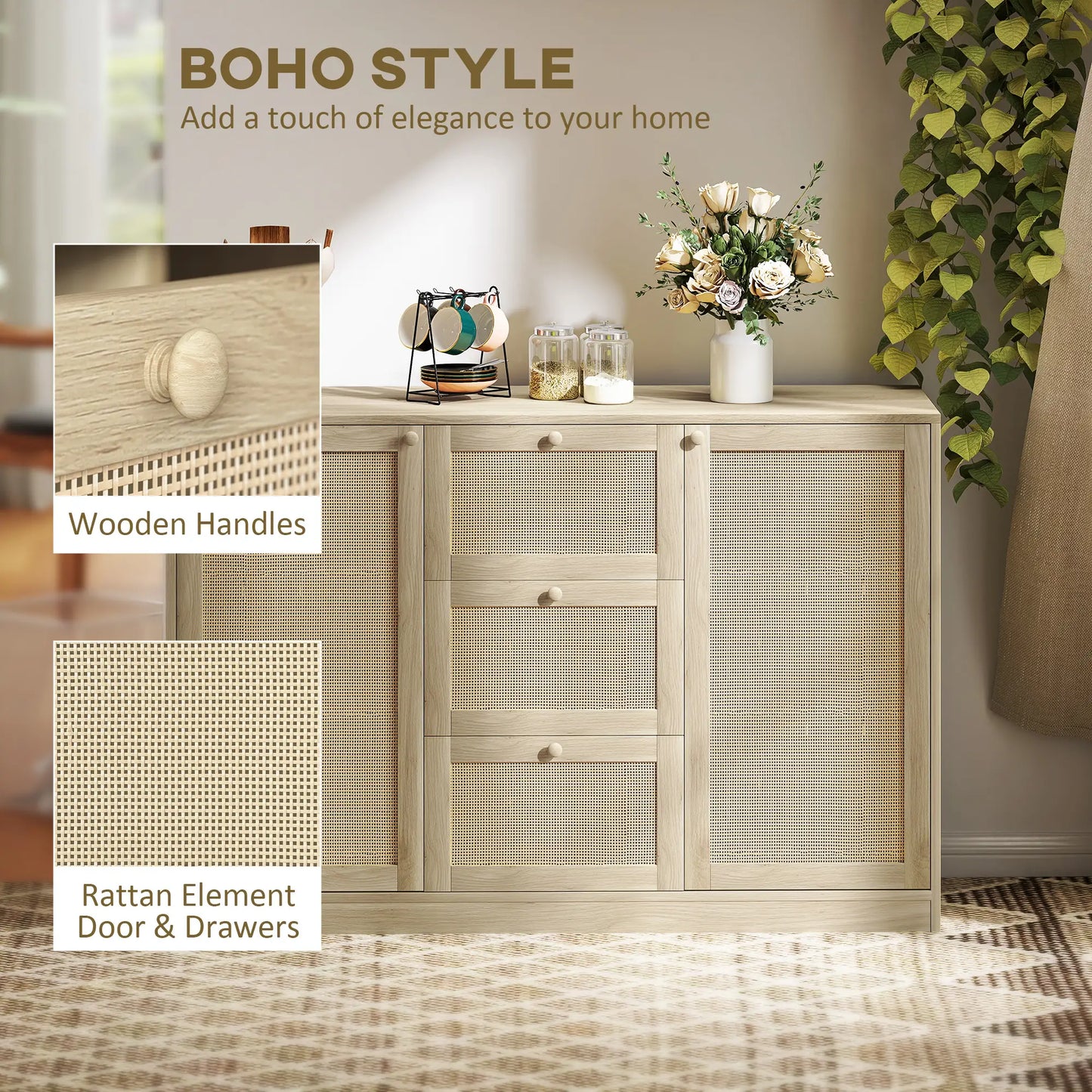 Boho Sideboard Buffet Cabinet, Kitchen Coffee Bar, 3 Drawers, 2 Shelves, 4 Racks, Natural Storage Cabinets at Gallery Canada