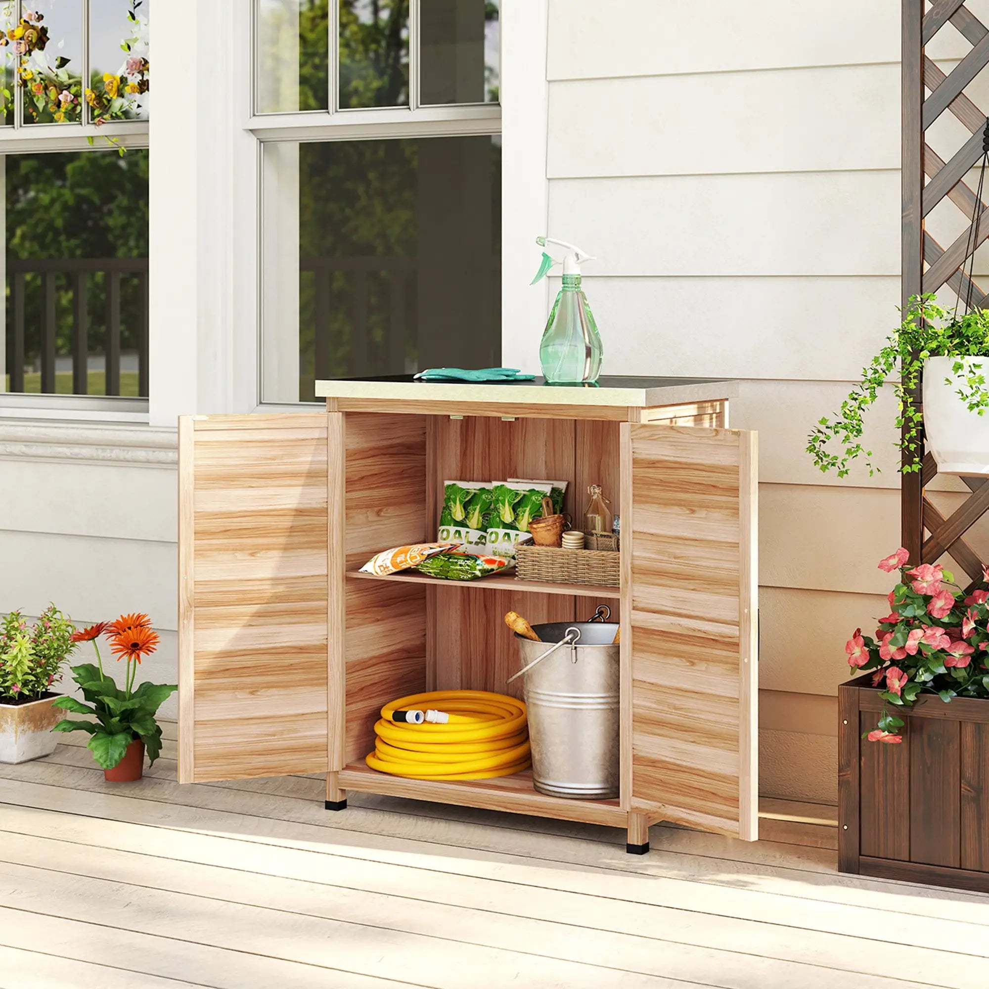 Outdoor Potting Bench Table, Metal Tabletop, Shelf, Double Doors, Natural Sheds at Gallery Canada