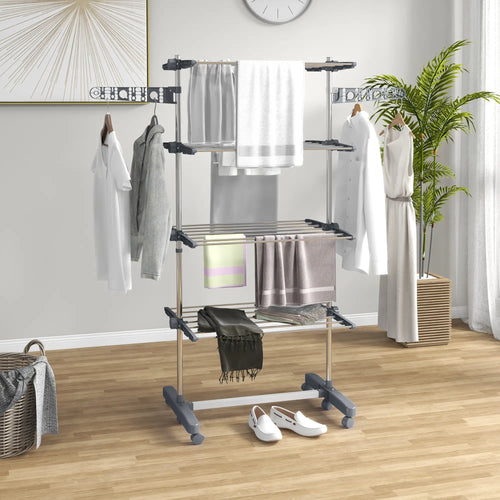 Stainless Steel Folding Clothes Drying Rack, Side Wings, Castors, Indoor Outdoor, Grey
