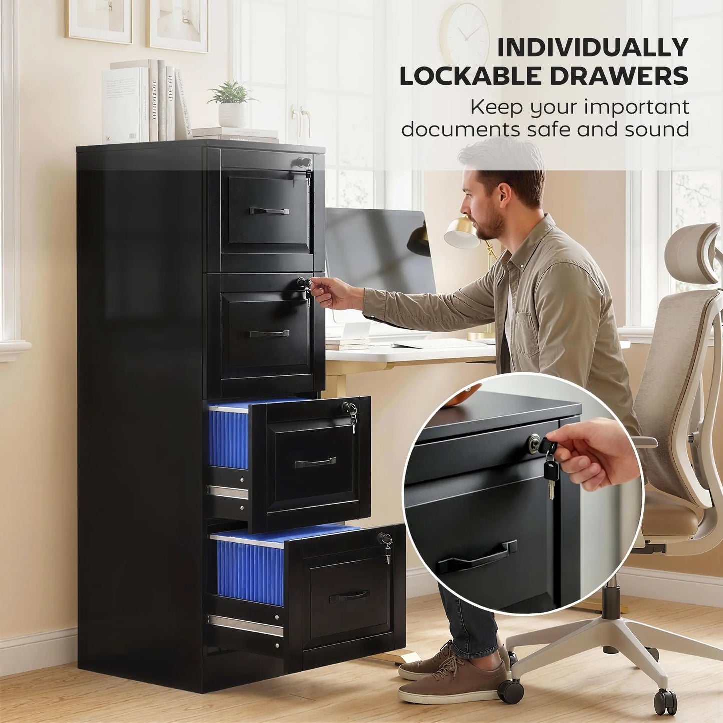 4 Drawer File Cabinet With Lock, Adjustable Hanging Bars, Black Office Cabinets & Cupboards at Gallery Canada