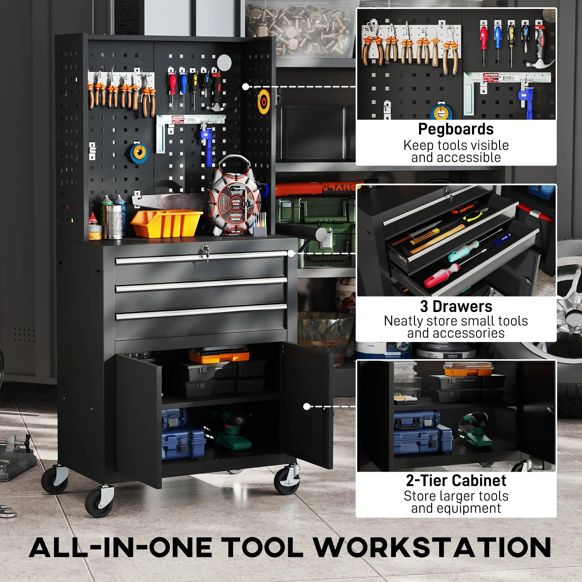 Rolling Tool Cabinet with Pegboard, Lockable Tool Chest, Mobile Tool Storage Organizer for Garage and Workshop, Black Tool Organizers at Gallery Canada