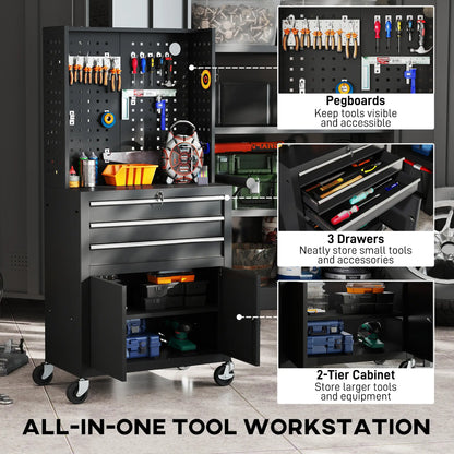 Rolling Tool Cabinet with Pegboard, Lockable Tool Chest, Mobile Tool Storage Organizer for Garage and Workshop, Black Tool Organizers at Gallery Canada