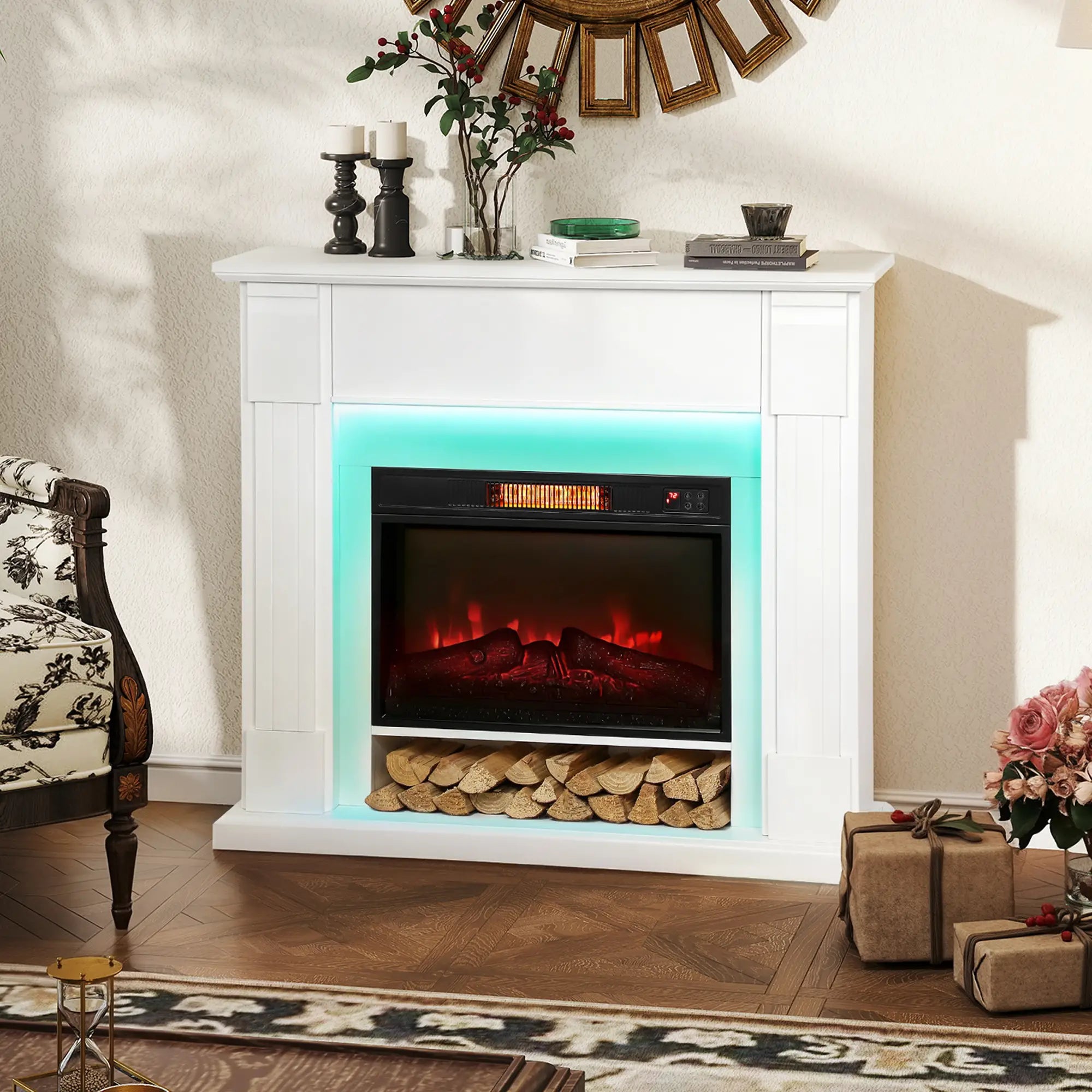 41 Inch Electric Fireplace with Mantel, 1400W Heater, Adjustable 3D Flame, White Electric Fireplaces at Gallery Canada