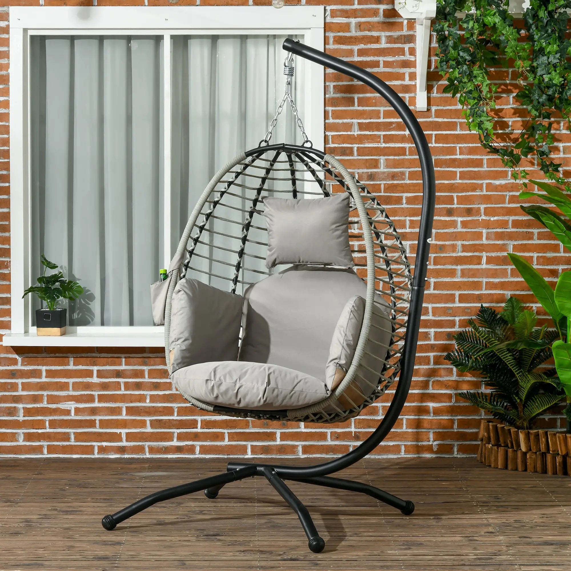 Outdoor Hanging Egg Chair, Thick Padded Cushion, Patio Swing Chair, Grey Patio Swings with Stand at Gallery Canada