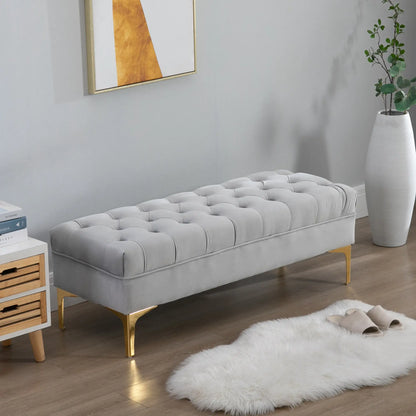 Upholstered End of Bed Bench, Button Tufted, Grey Storage Ottomans & Benches at Gallery Canada