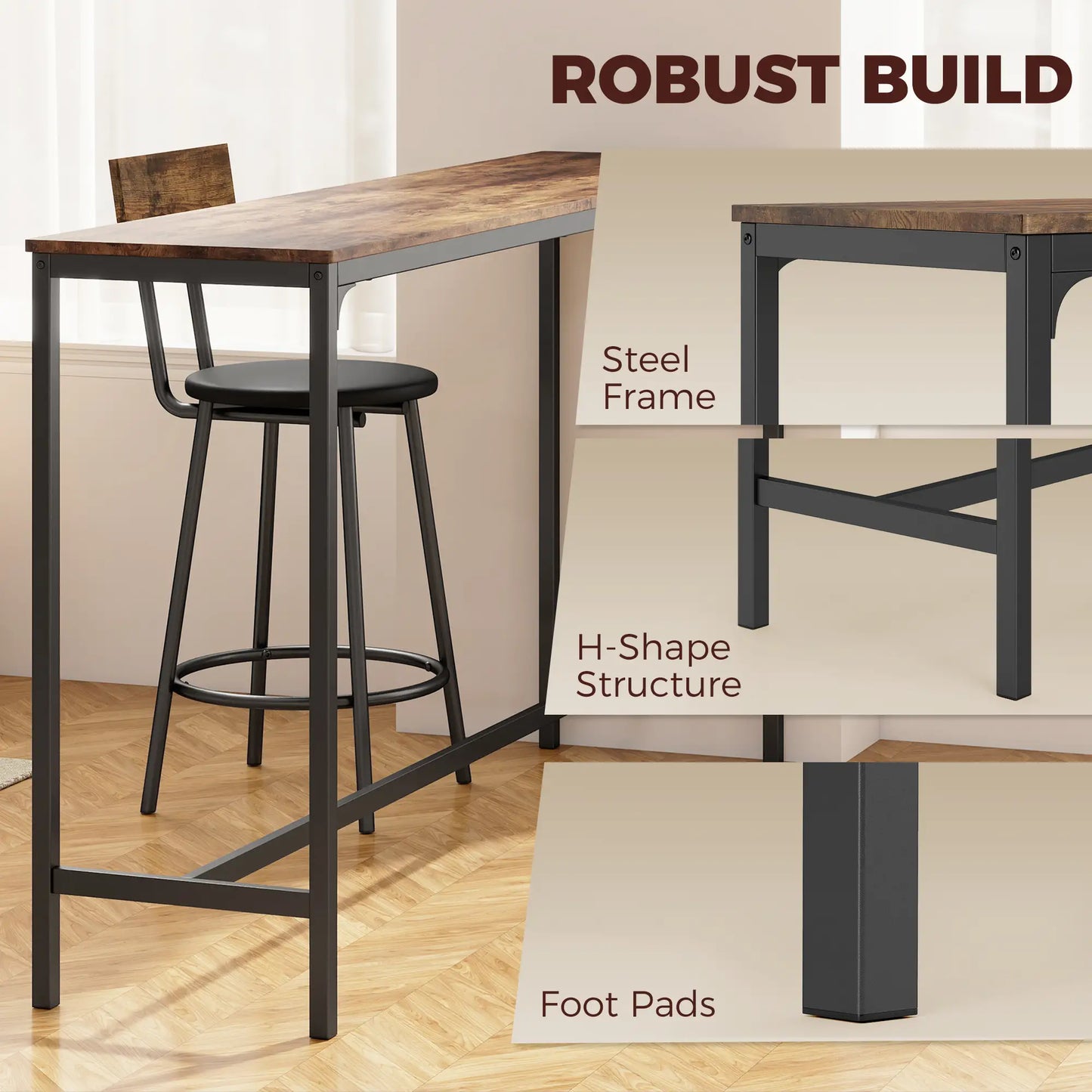 Bar Table Set, 4 PU Cushioned Barstools, Rustic Brown