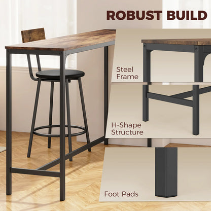Bar Table Set, 4 PU Cushioned Barstools, Rustic Brown