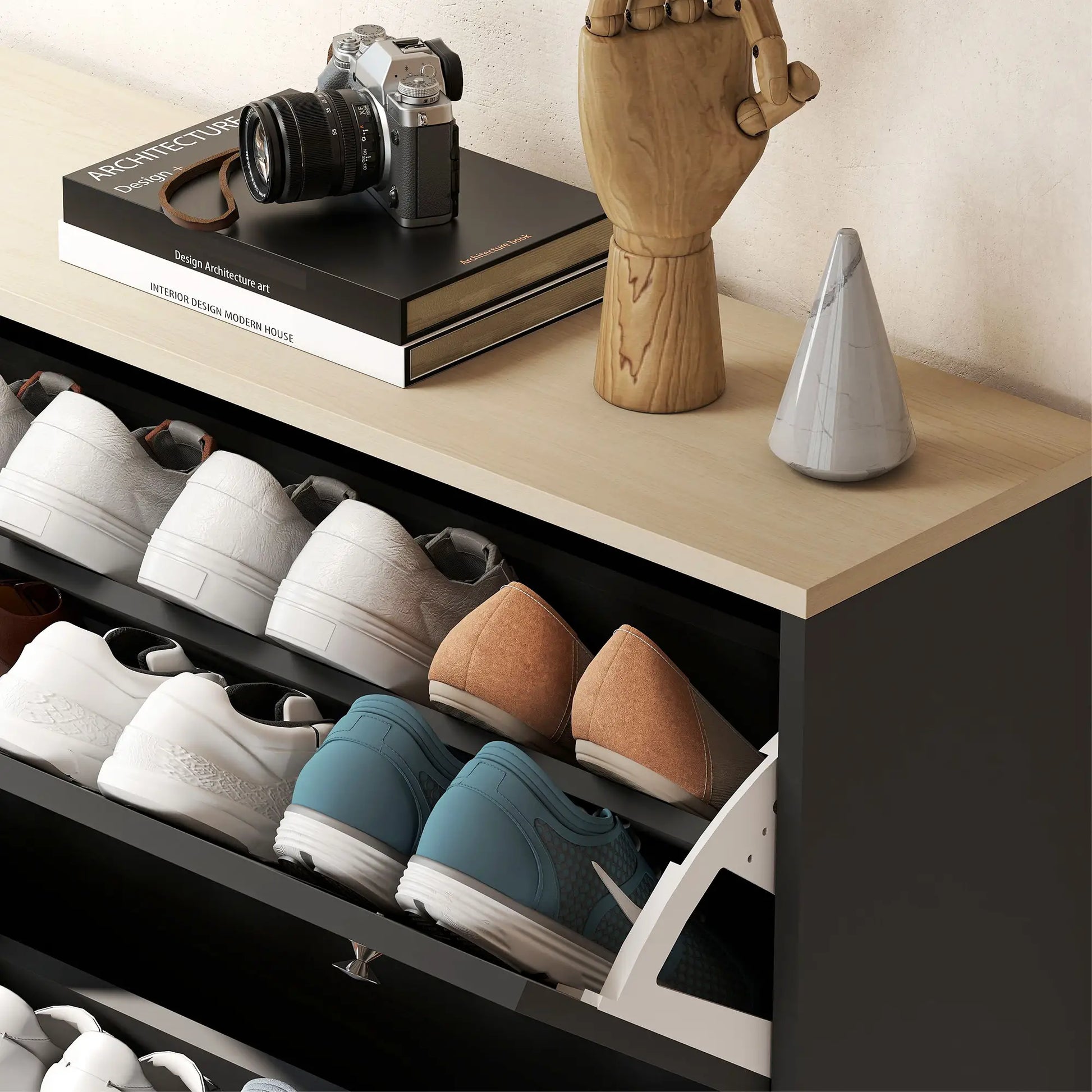 Narrow Shoe Cabinet with 4 Flip Drawers, Adjustable Shelves, Holds 24-32 Pairs, Black Shoe Storage Cabinets & Racks at Gallery Canada