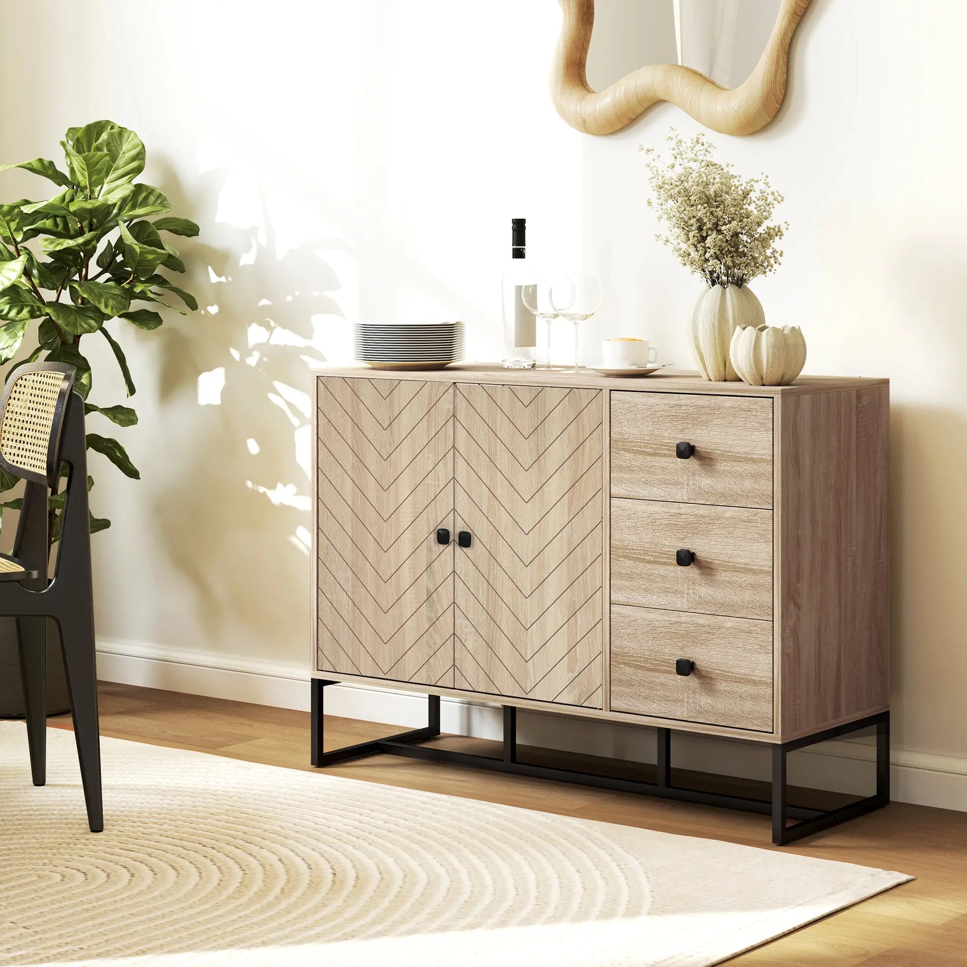 Modern Sideboard, 42.5" Buffet Cabinet, Adjustable Shelves, 3 Drawers, Oak Storage Cabinets at Gallery Canada