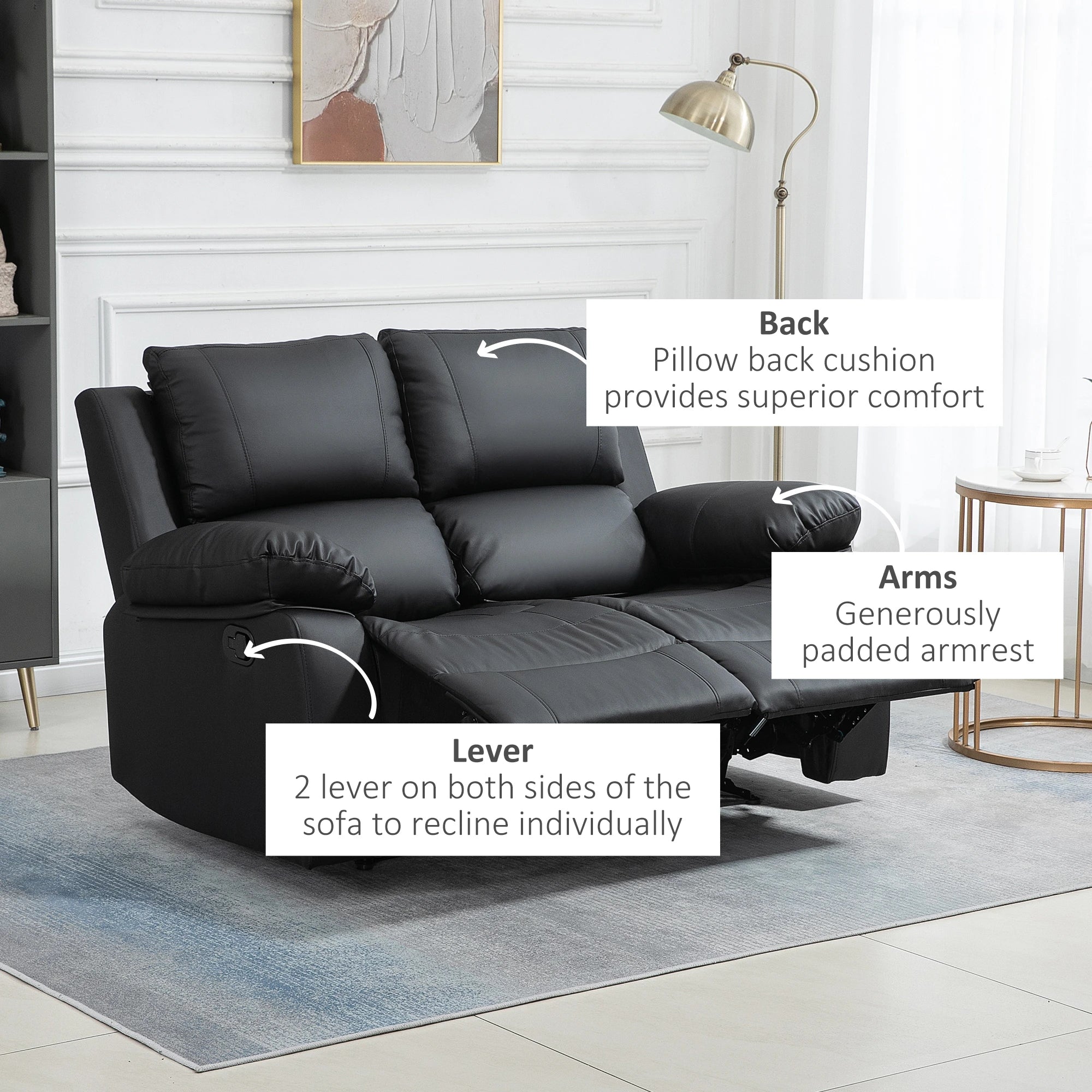 Double Reclining Loveseat, PU Leather Manual Recliner, Black 2-Seater Sofas at Gallery Canada