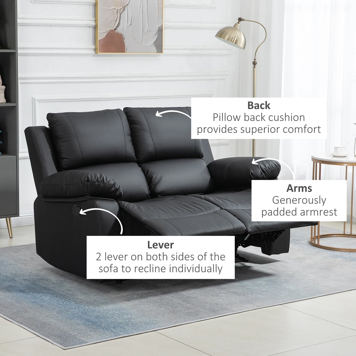 Double Reclining Loveseat, PU Leather Manual Recliner, Black 2-Seater Sofas at Gallery Canada