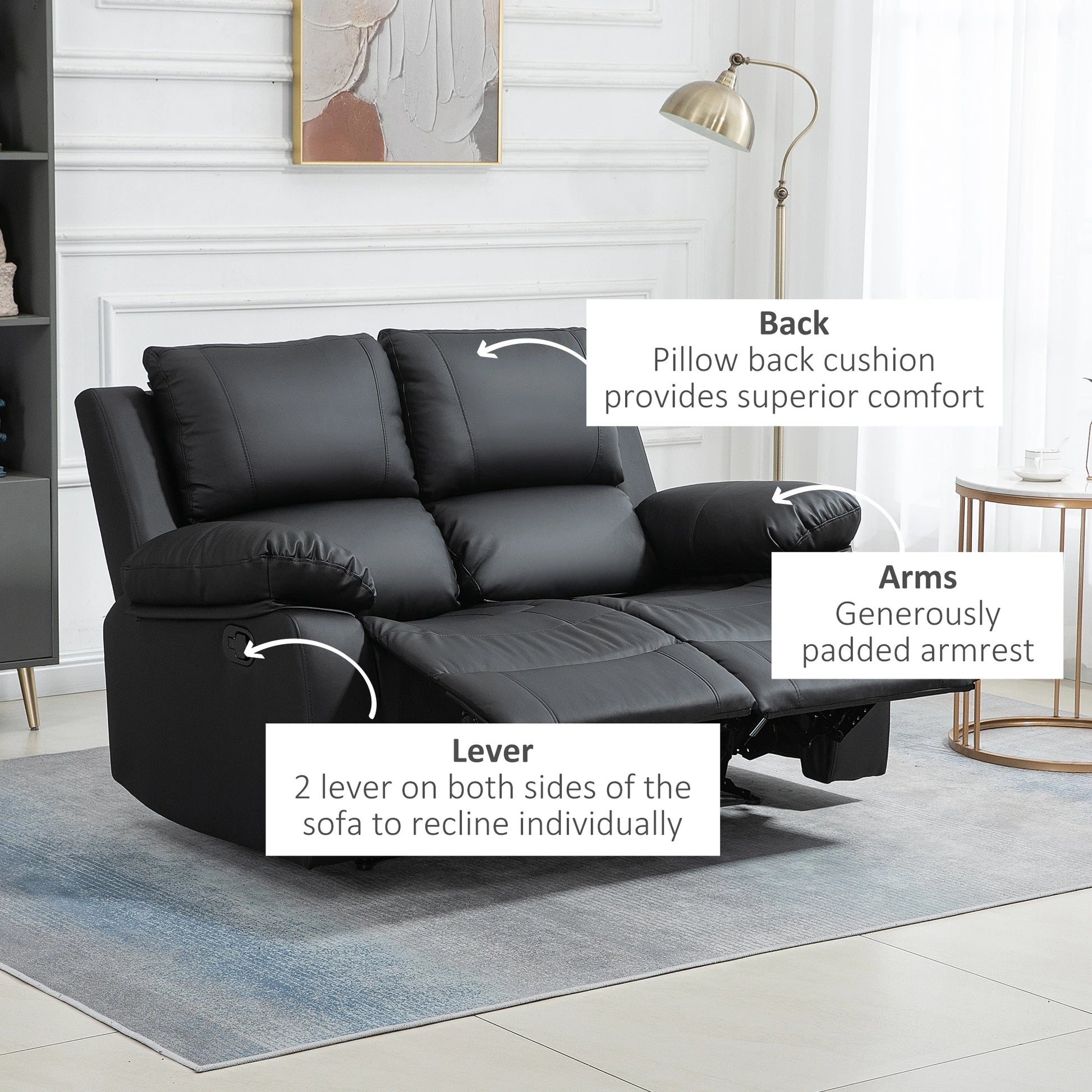 Double Reclining Loveseat, PU Leather Manual Recliner, Black 2-Seater Sofas at Gallery Canada