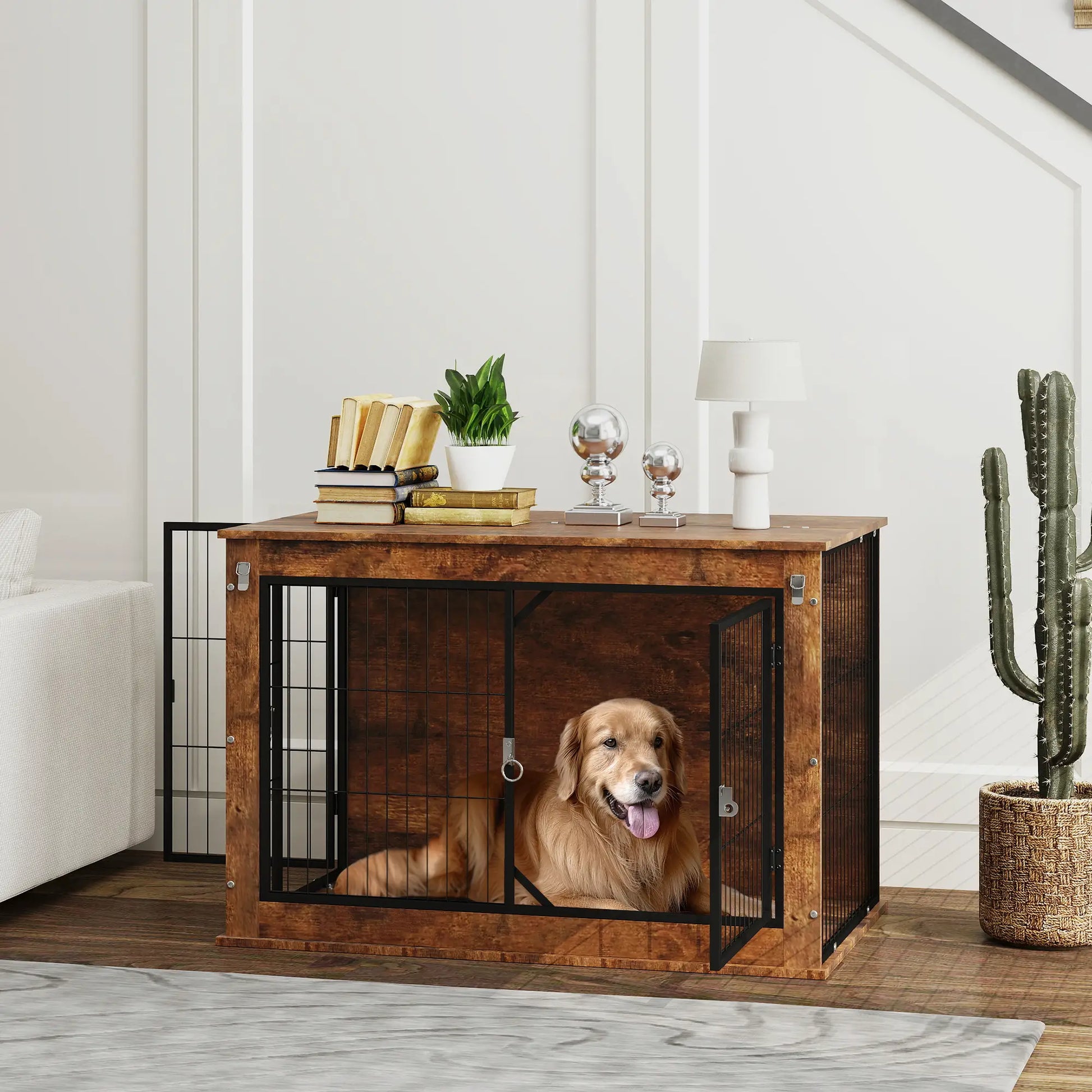 39" Dog Crate Furniture, Flip-up Top, 2 Doors, Rustic Brown Houses, Kennels & Pens at Gallery Canada