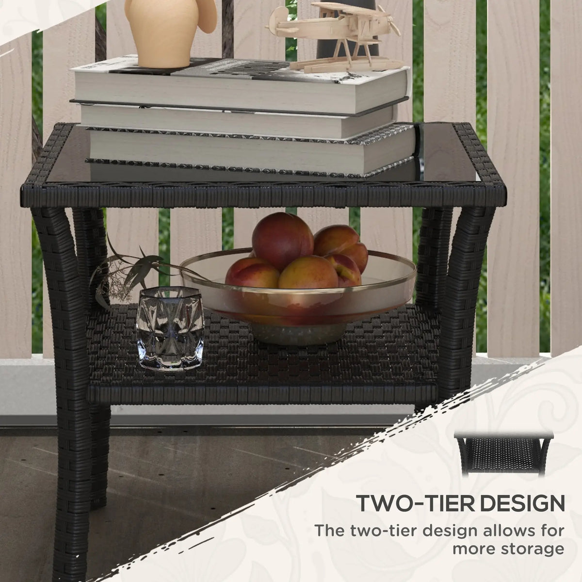 Patio Wicker Coffee Table, Outdoor Rattan Side Table With Glass Top, Black