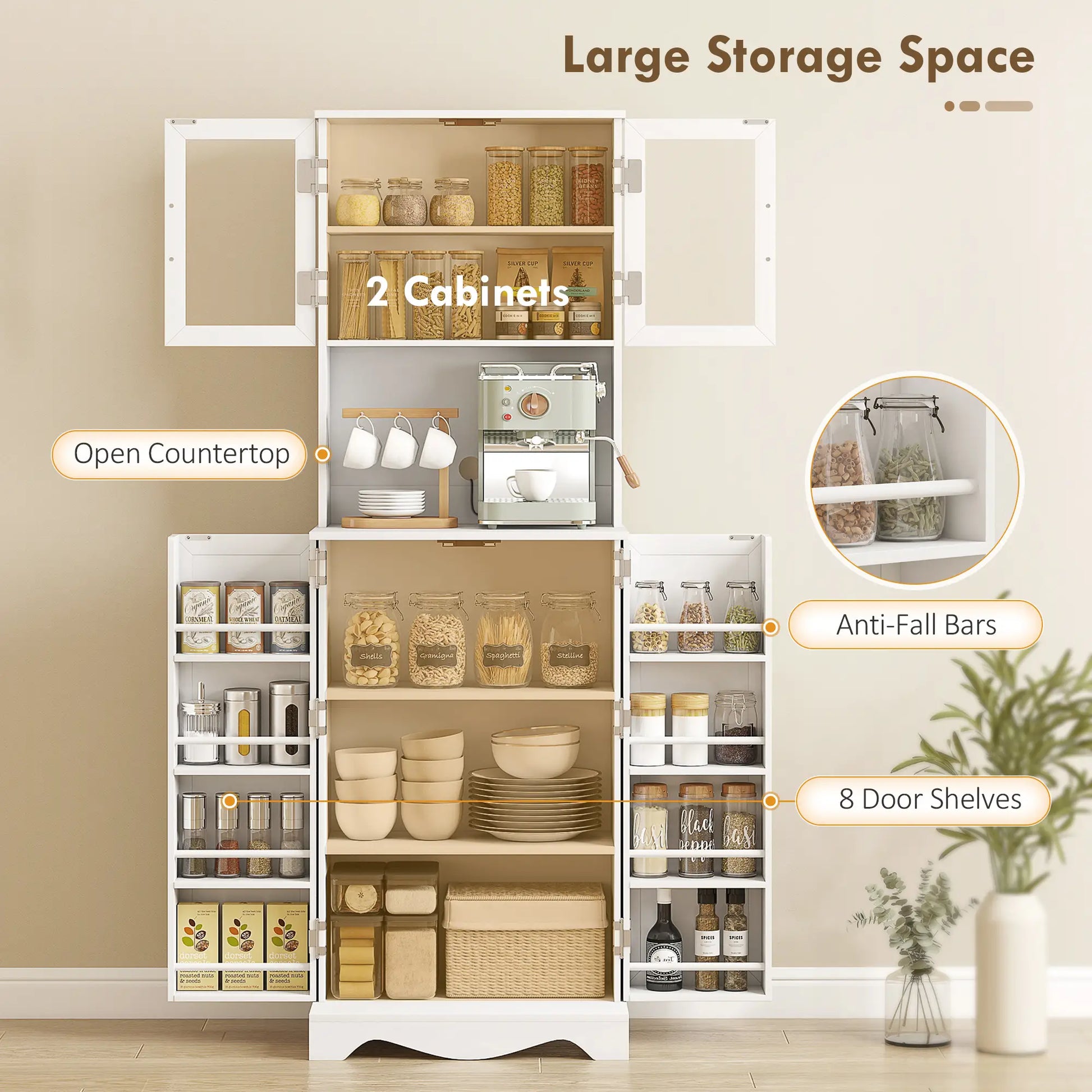 71 Inch Kitchen Pantry Cabinet, Freestanding Hutch with 8 Shelves, White Kitchen Pantry Cabinets at Gallery Canada