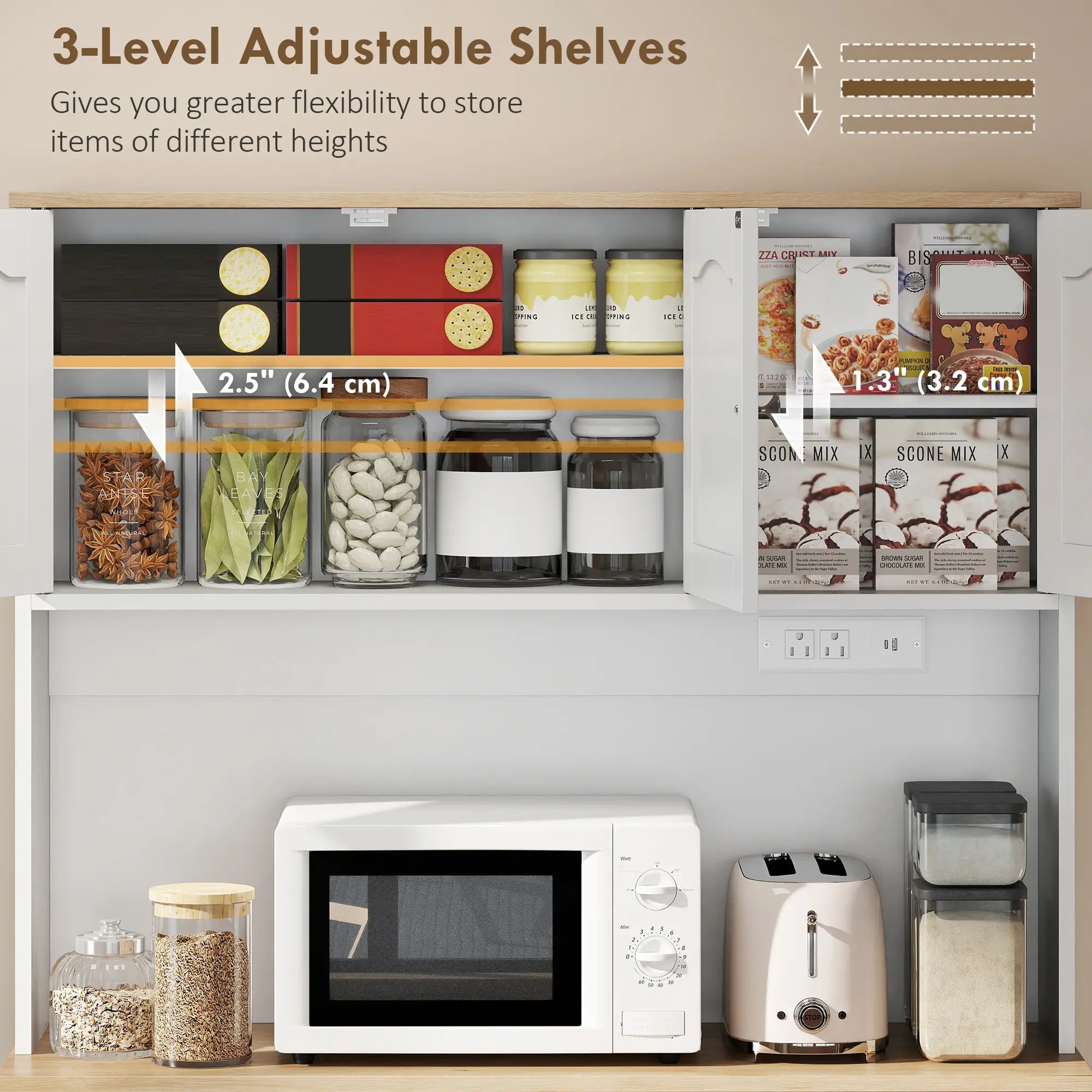 68 Inch Pantry Cabinet with Charging Station, Microwave Stand, Trash Can, White Kitchen Pantry Cabinets at Gallery Canada