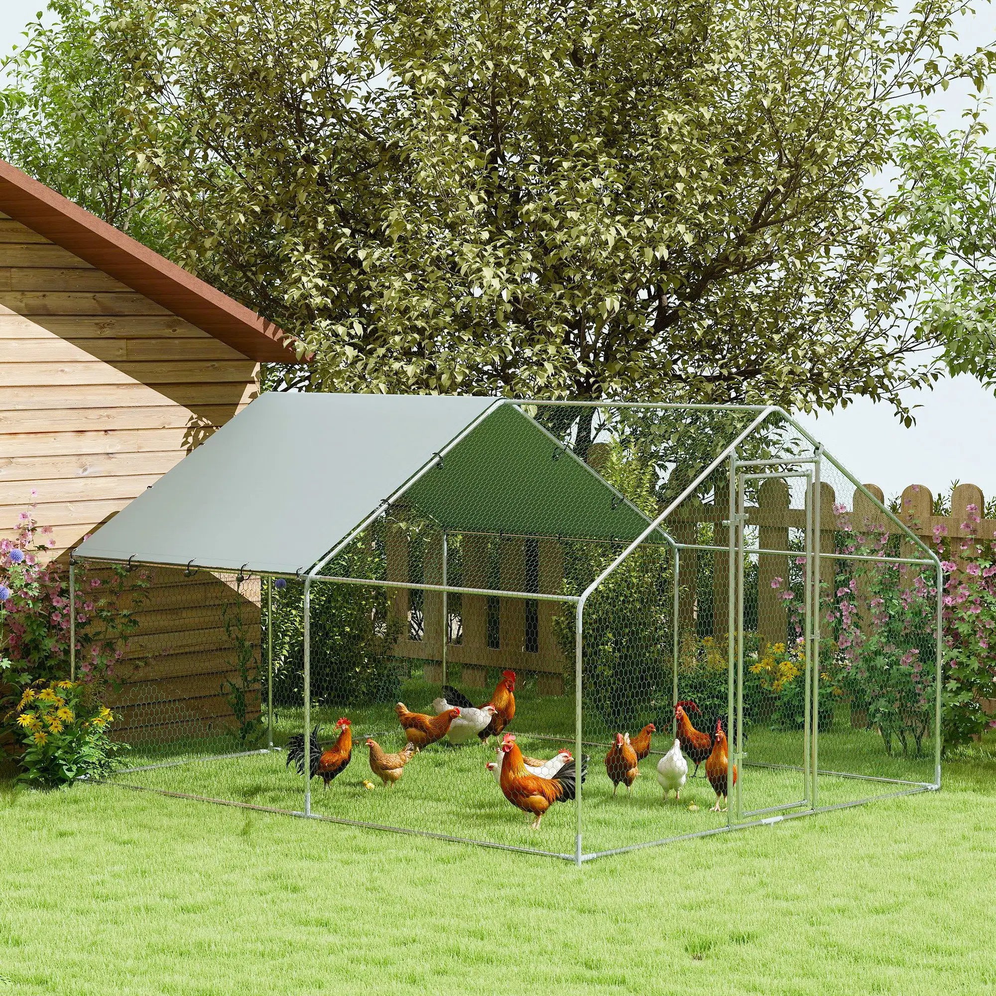 Metal Chicken Coop, 9.8 x 11.2 FT, Walk-In Run With Cover, Lockable Door, Outdoor Poultry Cage For 10-15 Chickens Chicken Coops at Gallery Canada