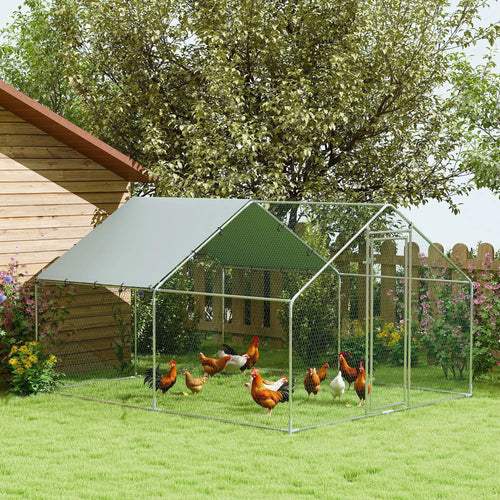 Metal Chicken Coop, 9.8 x 11.2 FT, Walk-In Run With Cover, Lockable Door, Outdoor Poultry Cage For 10-15 Chickens