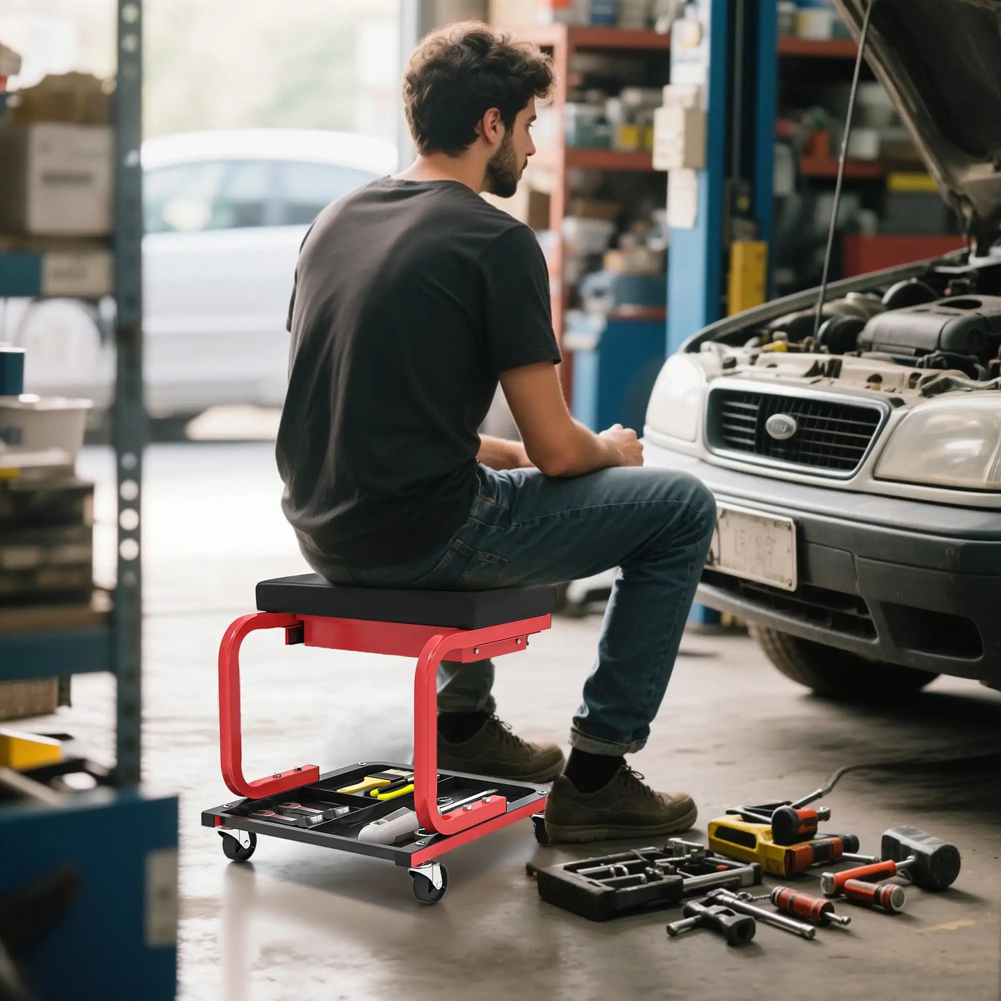 Rolling Garage Stool, 300 LBS Capacity, Tool Trays, Drawer, Black Automotive at Gallery Canada